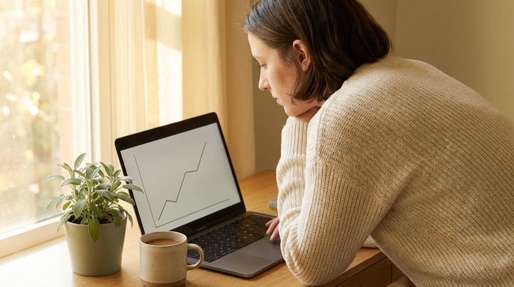 A person at a sunlit desk watching a single rising line chart on a laptop.